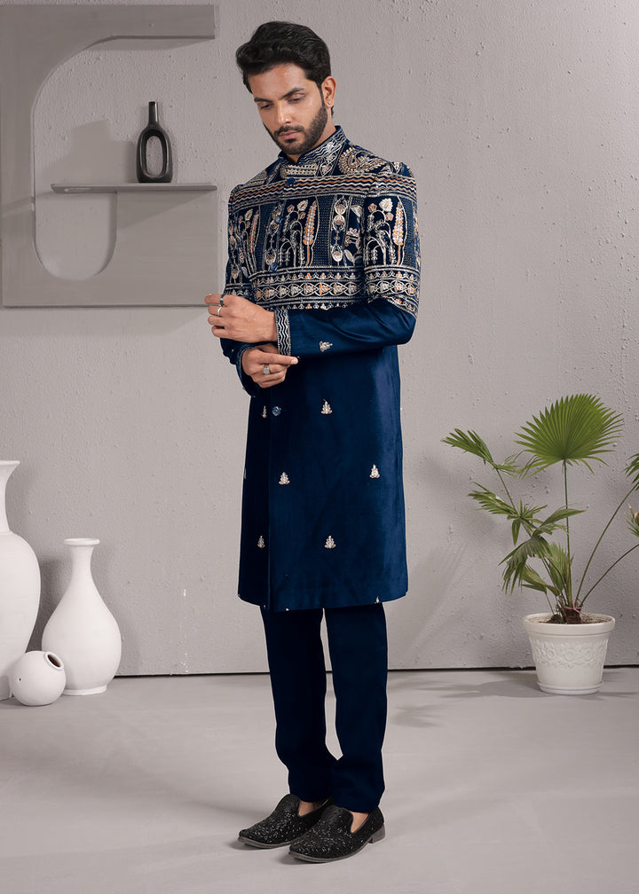 Blue Embroidered Indo-Western Suit with Matching Trousers