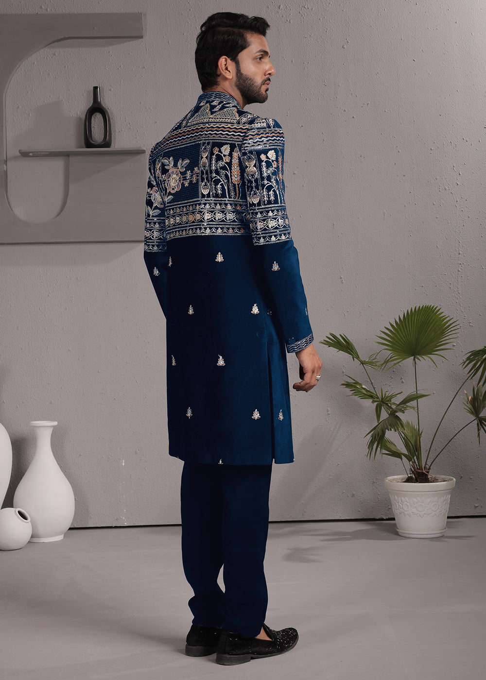 Blue Embroidered Indo-Western Suit with Matching Trousers