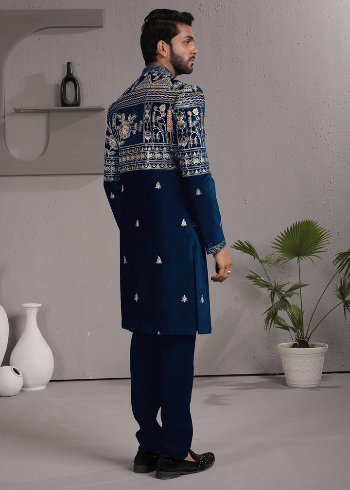 Blue Embroidered Indo-Western Suit with Matching Trousers