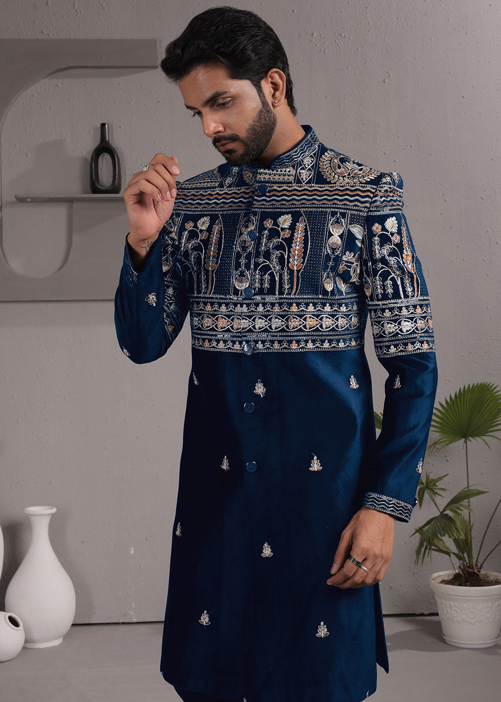 Blue Embroidered Indo-Western Suit with Matching Trousers