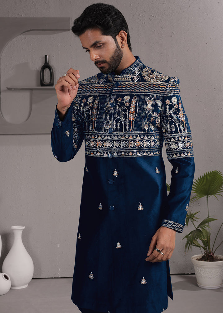 Blue Embroidered Indo-Western Suit with Matching Trousers