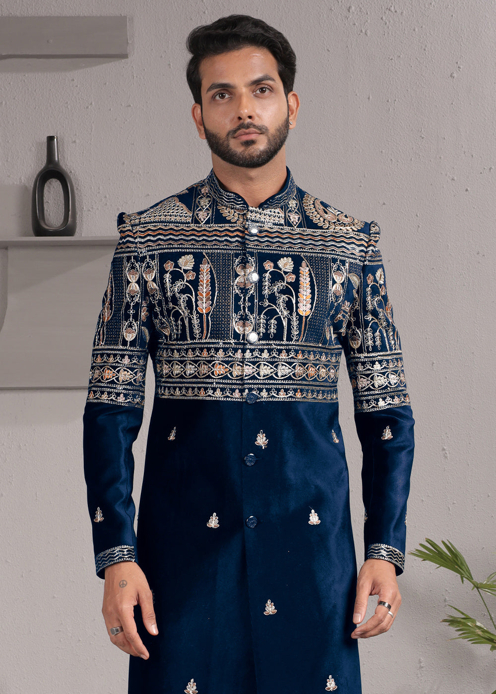 Blue Embroidered Indo-Western Suit with Matching Trousers