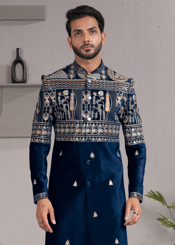 Blue Embroidered Indo-Western Suit with Matching Trousers