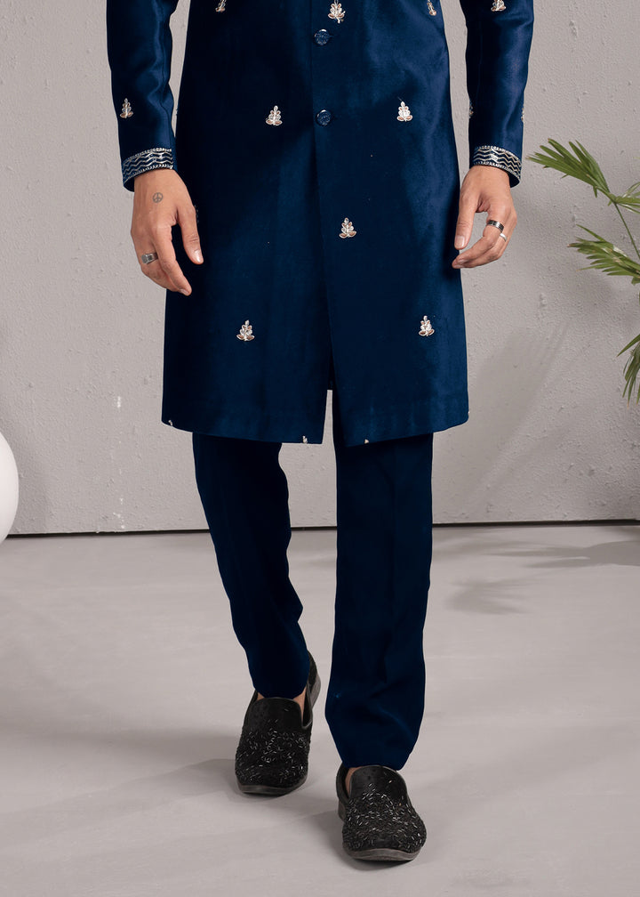 Blue Embroidered Indo-Western Suit with Matching Trousers
