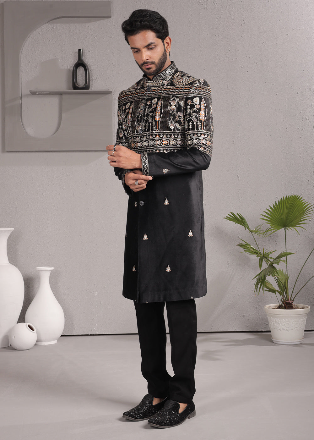 Black Velvet Embroidered Indo-Western Suit with Trousers
