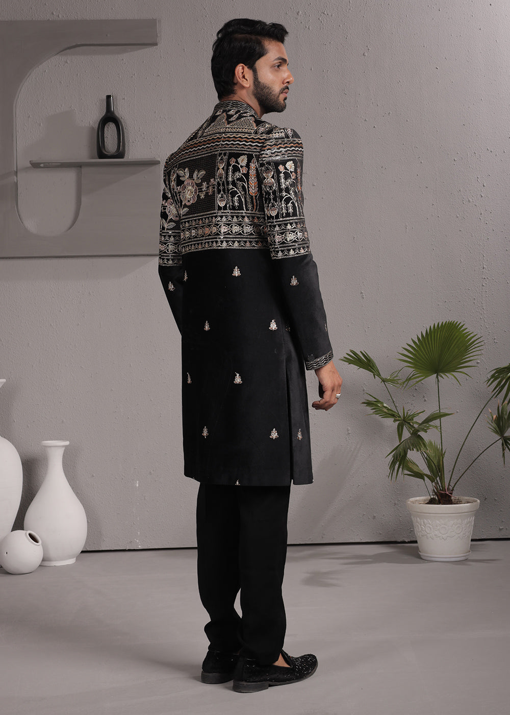 Black Velvet Embroidered Indo-Western Suit with Trousers