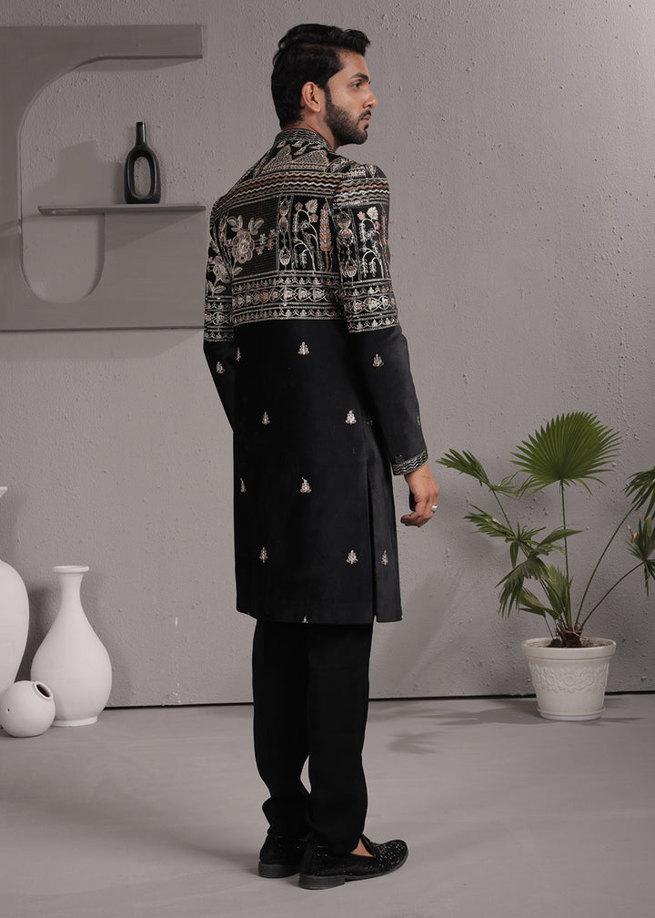 Black Velvet Embroidered Indo-Western Suit with Trousers