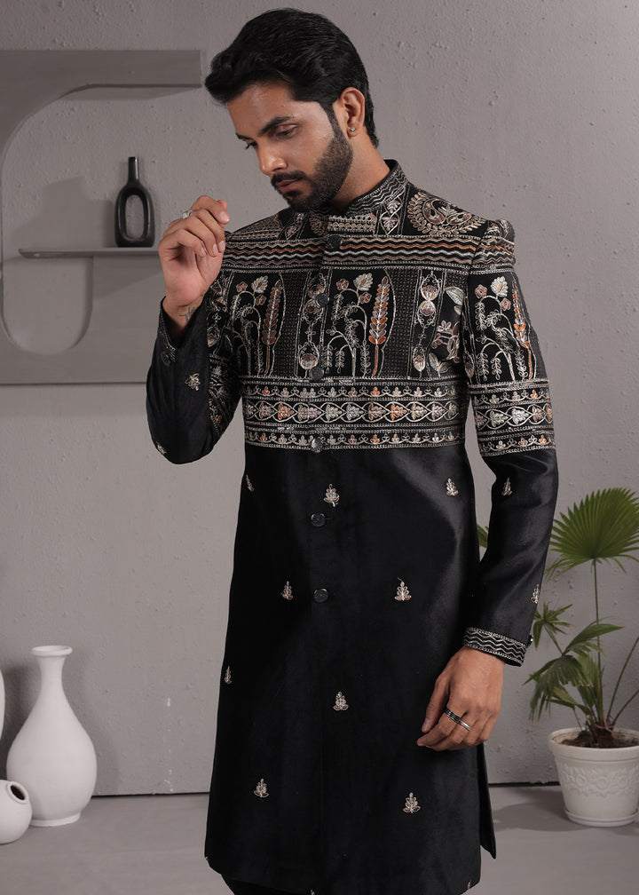 Black Velvet Embroidered Indo-Western Suit with Trousers