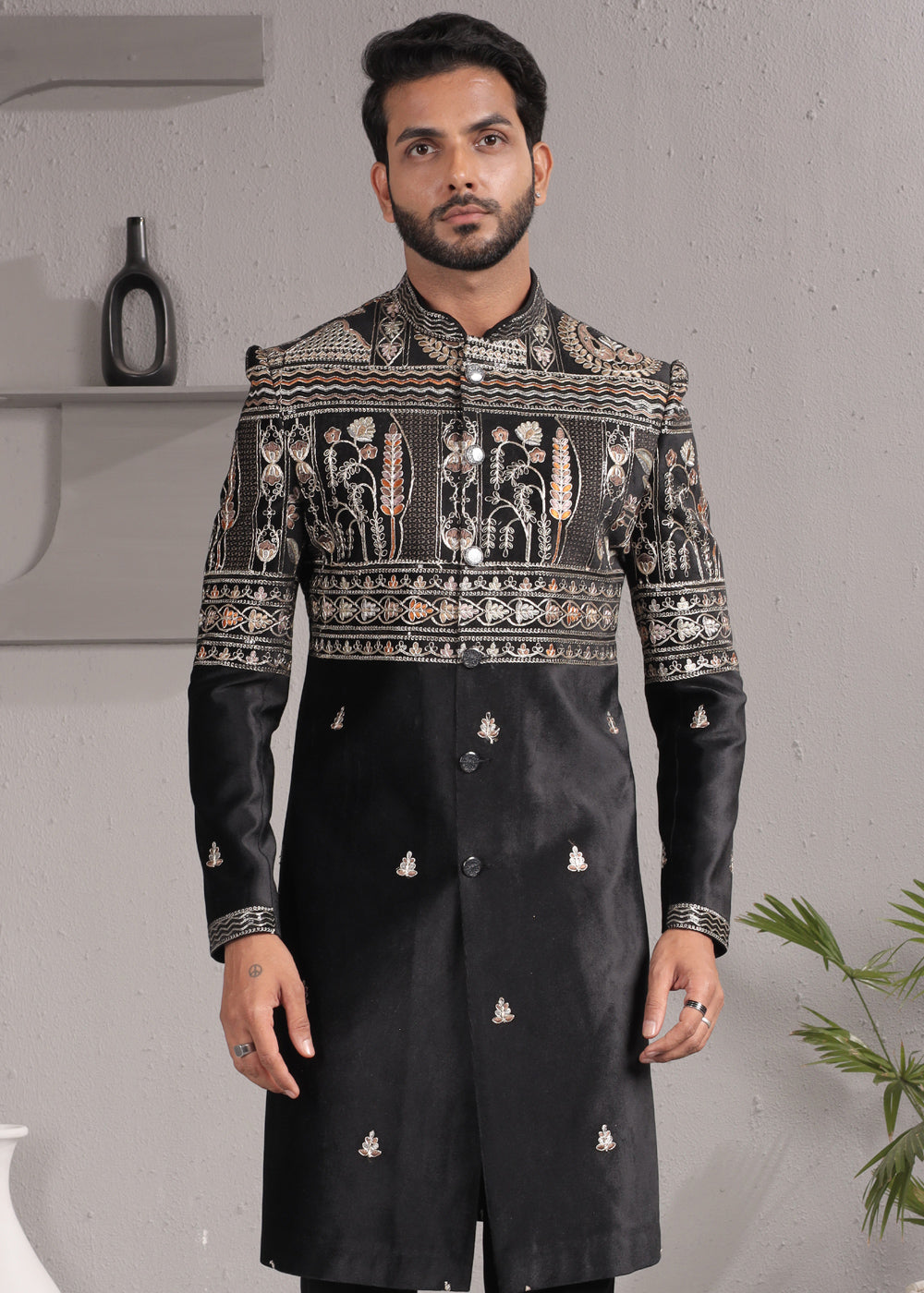Black Velvet Embroidered Indo-Western Suit with Trousers