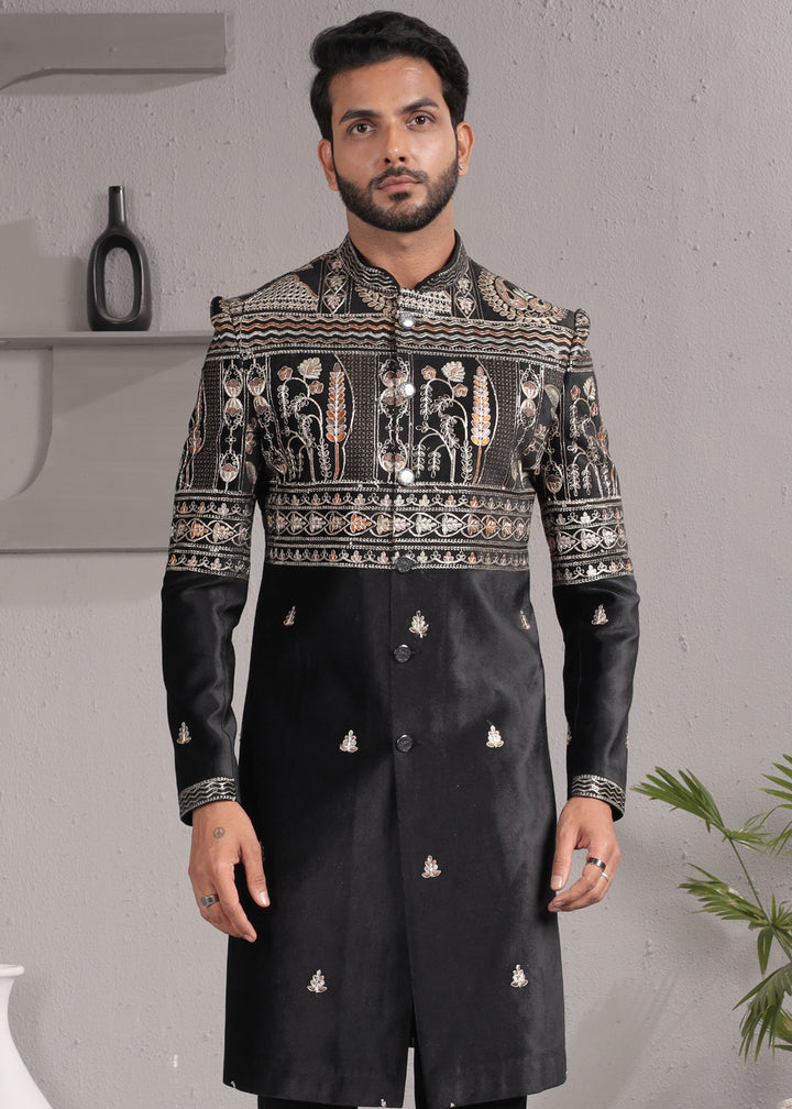 Black Velvet Embroidered Indo-Western Suit with Trousers