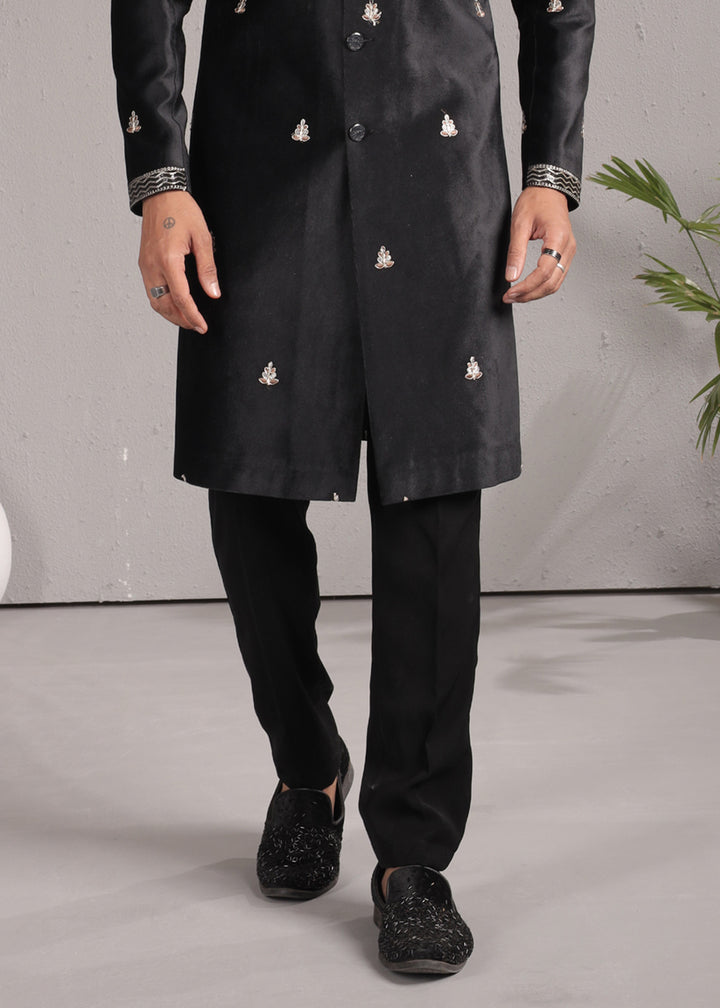 Black Velvet Embroidered Indo-Western Suit with Trousers