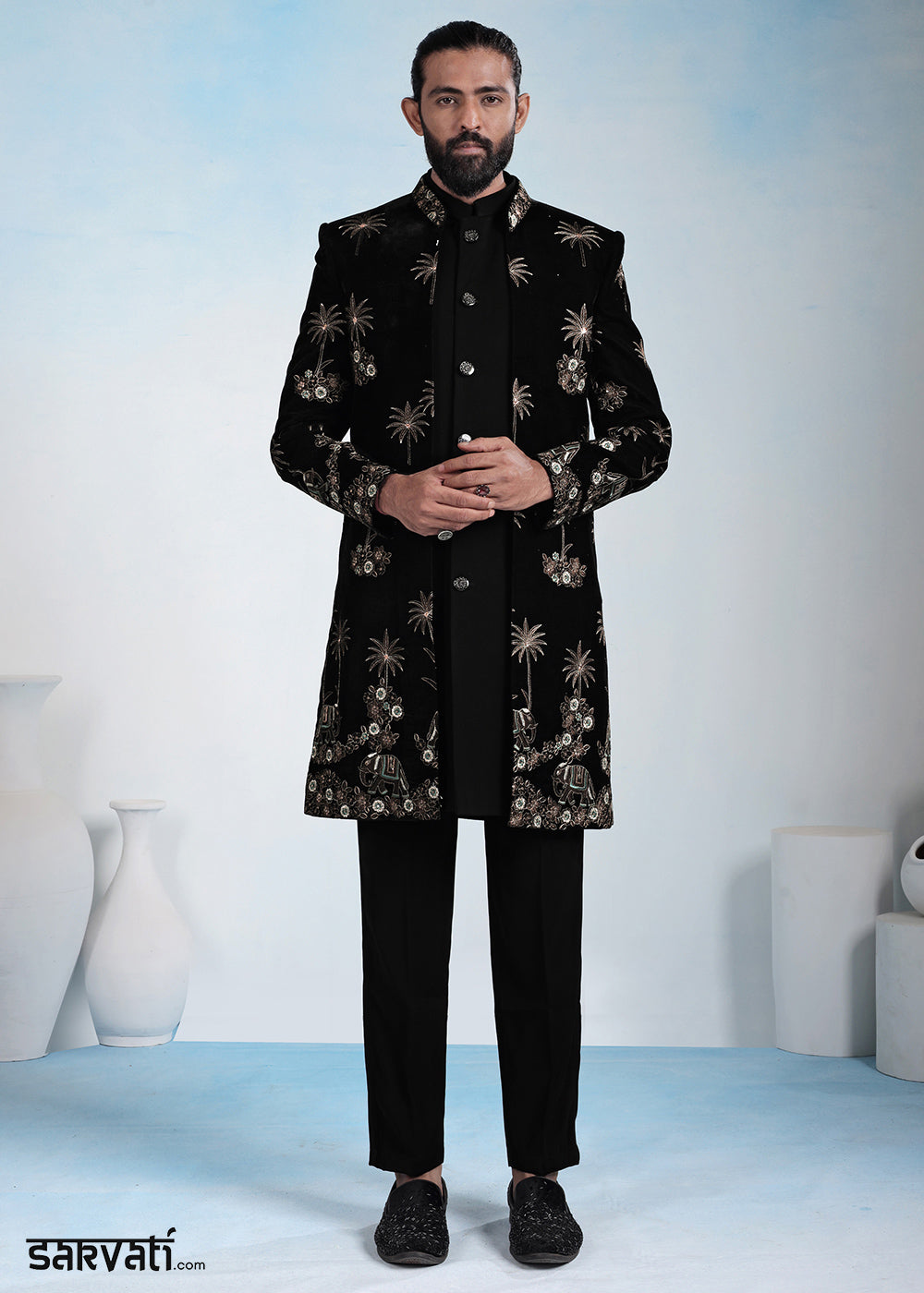 Black Velvet Embroidered Indo-Western Set with Long Jacket