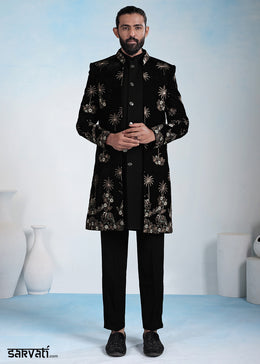 Black Velvet Embroidered Indo-Western Set with Long Jacket