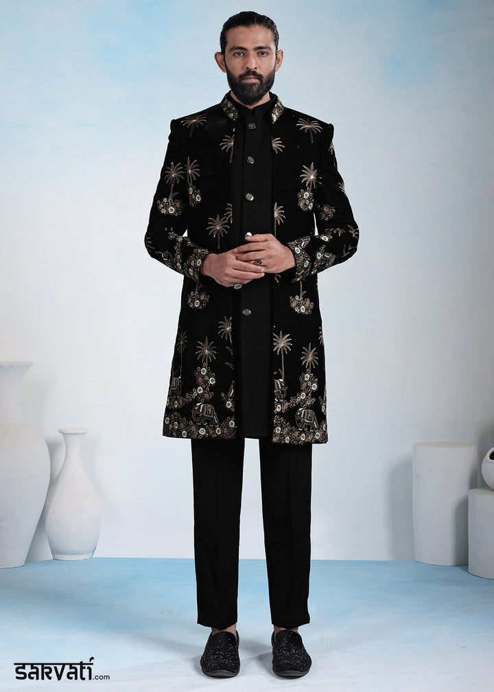 Black Velvet Embroidered Indo-Western Set with Long Jacket