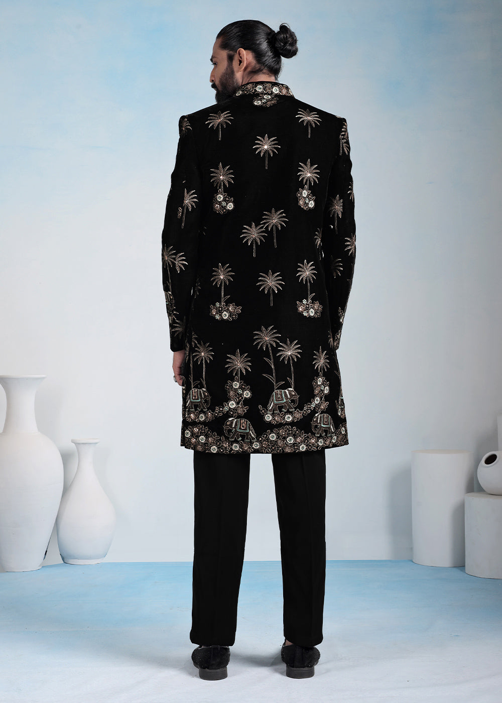 Black Velvet Embroidered Indo-Western Set with Long Jacket