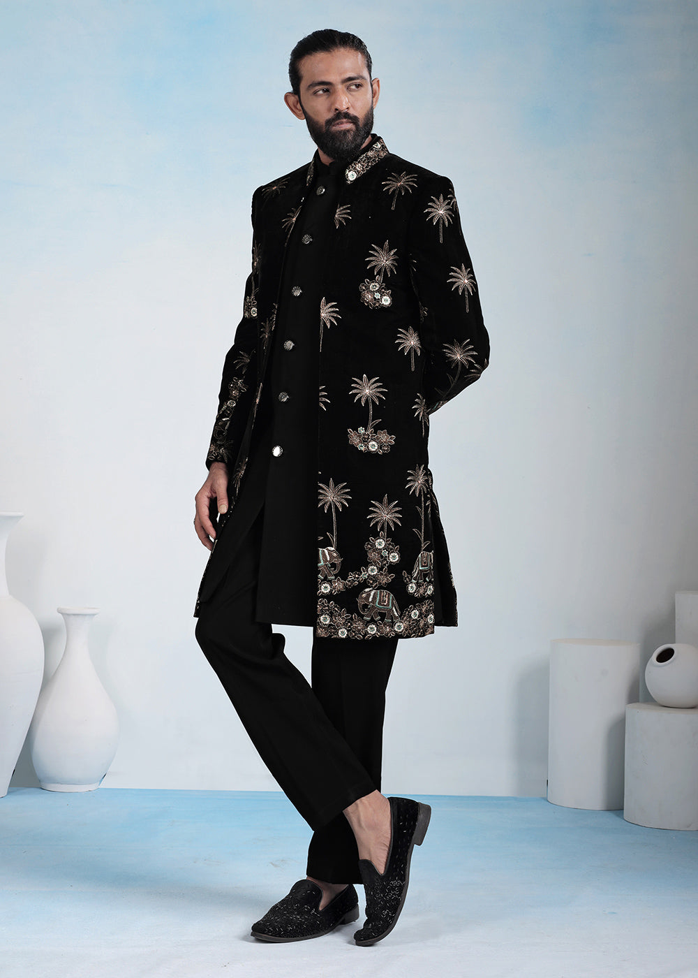 Black Velvet Embroidered Indo-Western Set with Long Jacket