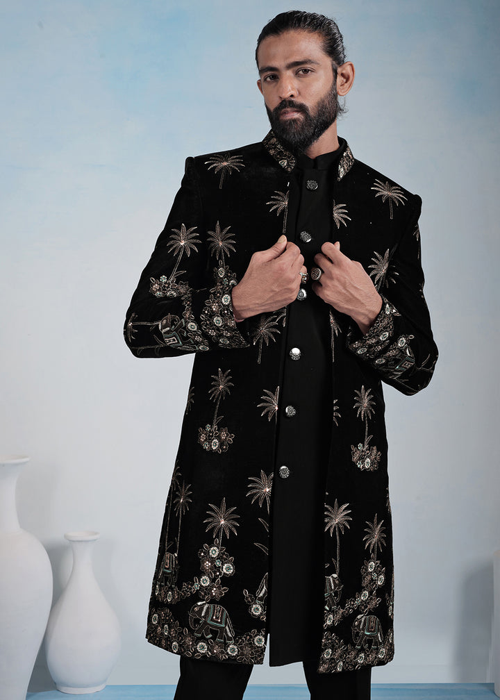 Black Velvet Embroidered Indo-Western Set with Long Jacket