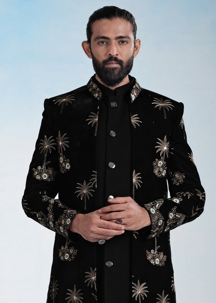 Black Velvet Embroidered Indo-Western Set with Long Jacket