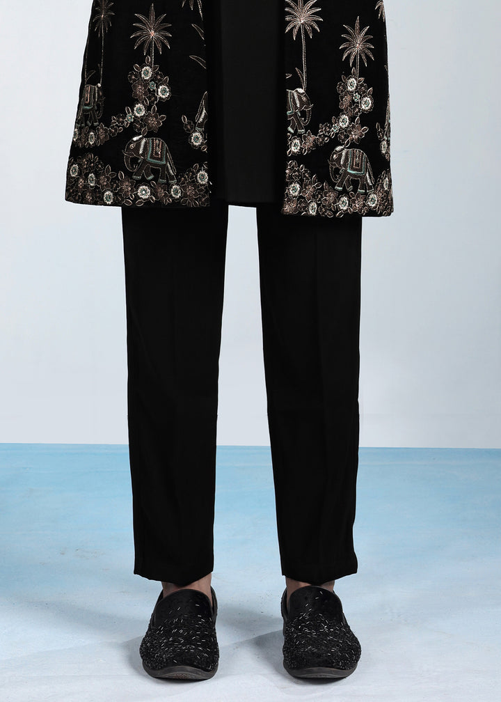 Black Velvet Embroidered Indo-Western Set with Long Jacket