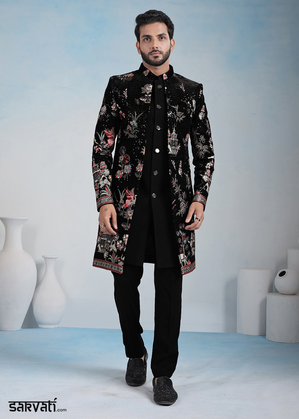 Black Velvet Multicolour Embroidered Indo-Western Set