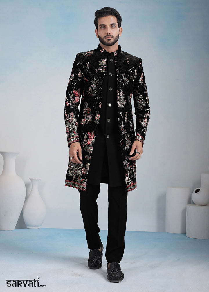 Black Velvet Multicolour Embroidered Indo-Western Set