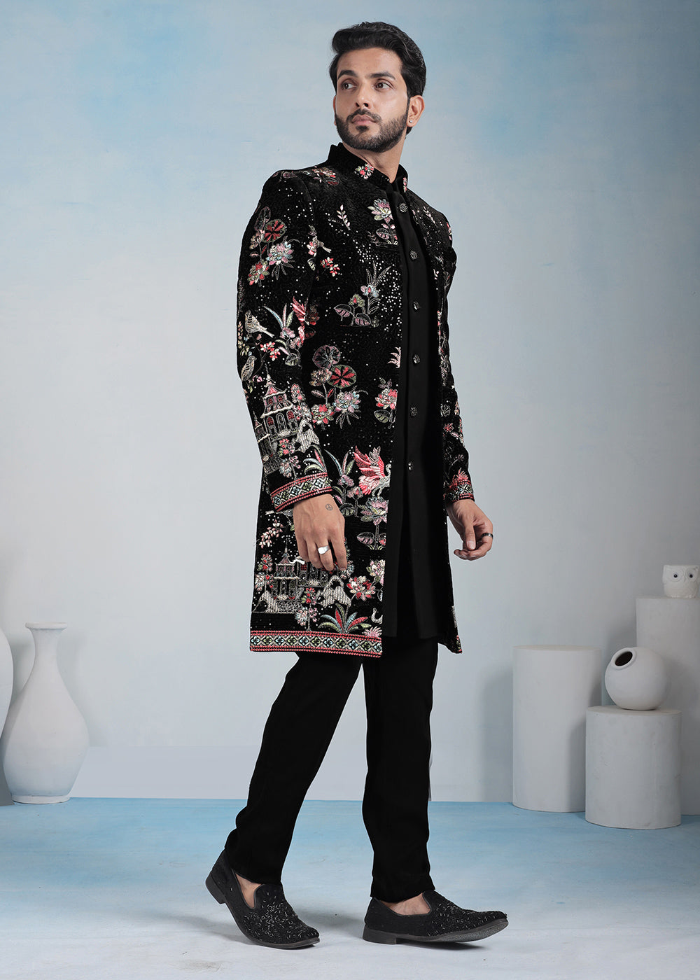 Black Velvet Multicolour Embroidered Indo-Western Set