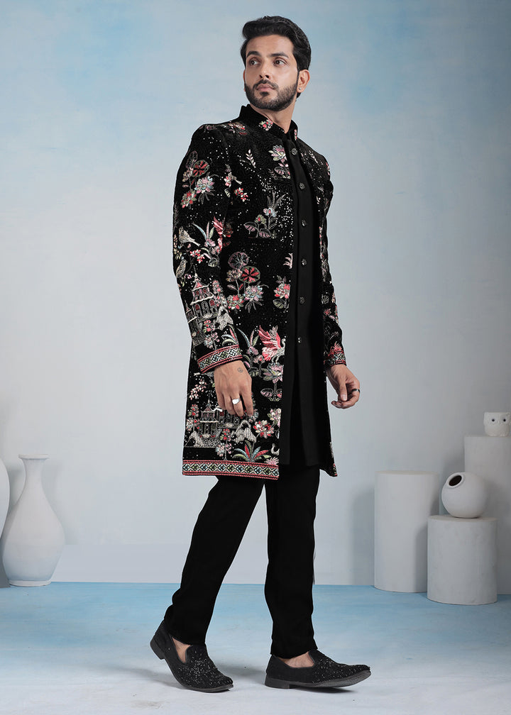 Black Velvet Multicolour Embroidered Indo-Western Set