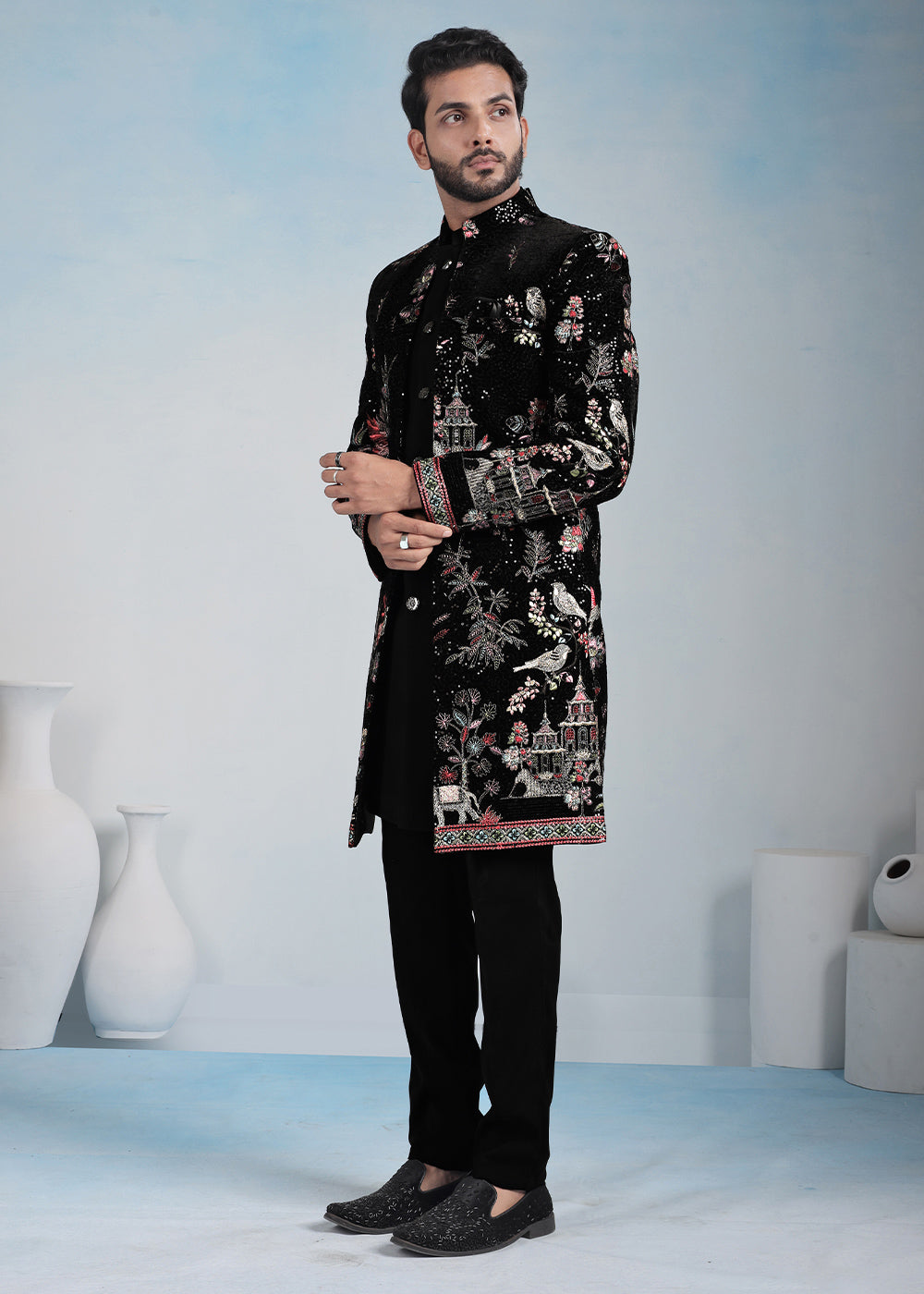 Black Velvet Multicolour Embroidered Indo-Western Set