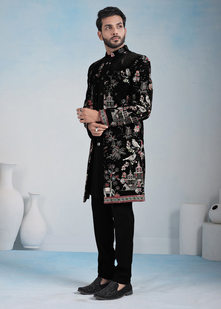 Black Velvet Multicolour Embroidered Indo-Western Set