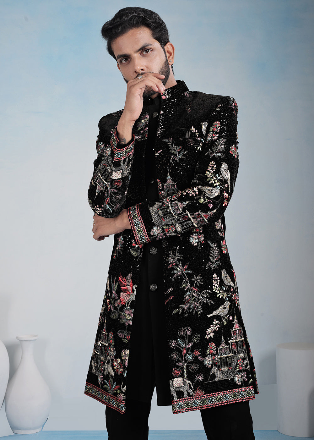 Black Velvet Multicolour Embroidered Indo-Western Set