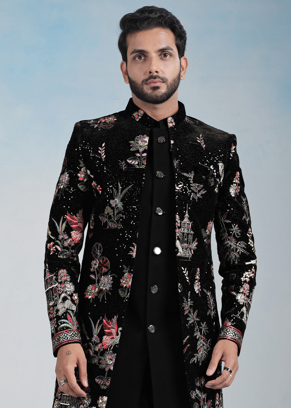 Black Velvet Multicolour Embroidered Indo-Western Set