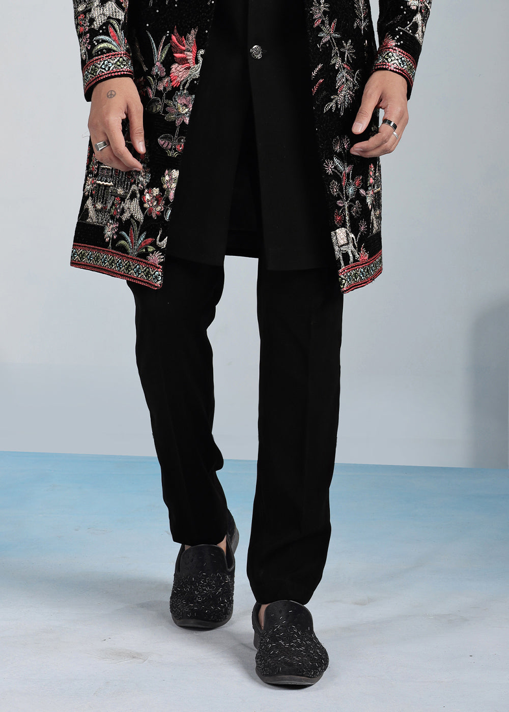 Black Velvet Multicolour Embroidered Indo-Western Set