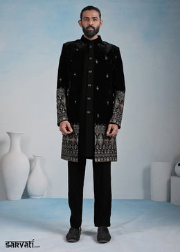 Black Velvet Ornate Embroidered Indo-Western Set