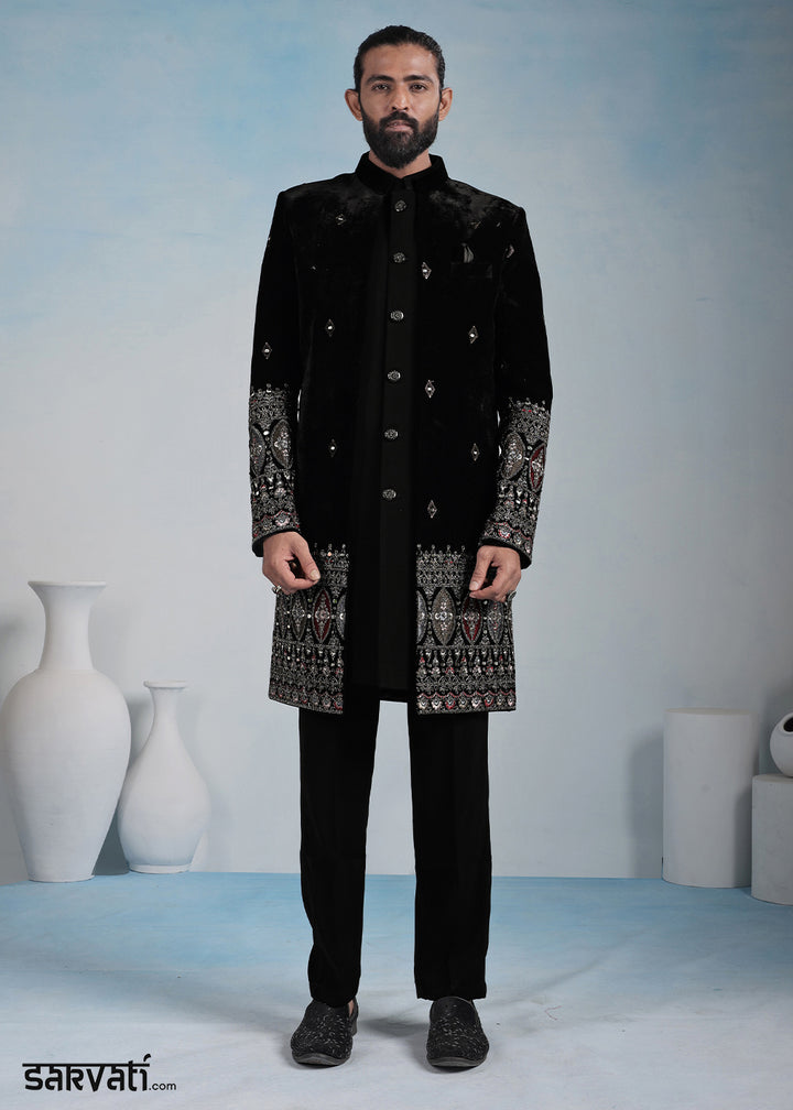Black Velvet Ornate Embroidered Indo-Western Set