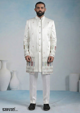 White Embroidered Indo-Western Set with Long Jacket