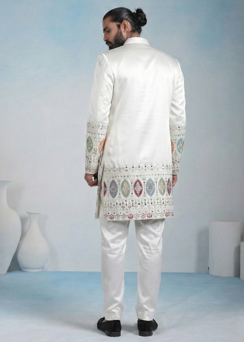 White Embroidered Indo-Western Set with Long Jacket