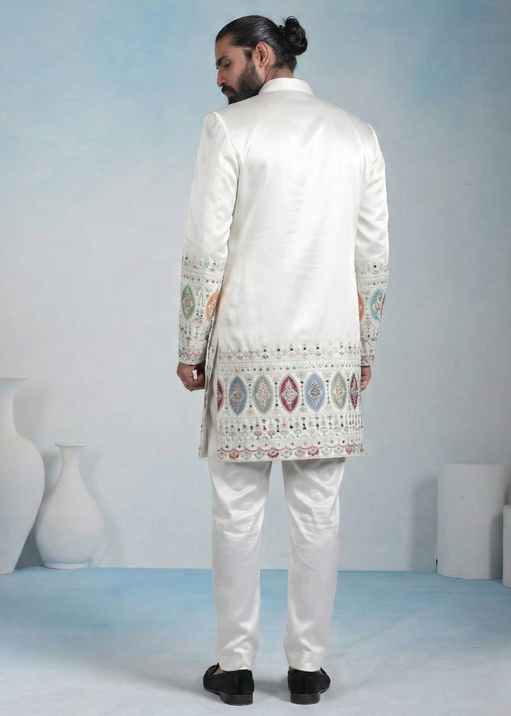 White Embroidered Indo-Western Set with Long Jacket