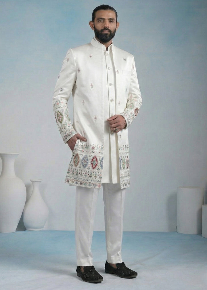 White Embroidered Indo-Western Set with Long Jacket