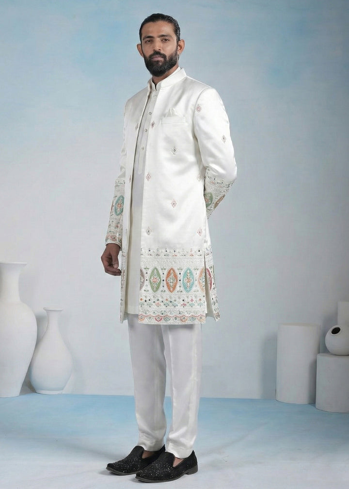 White Embroidered Indo-Western Set with Long Jacket