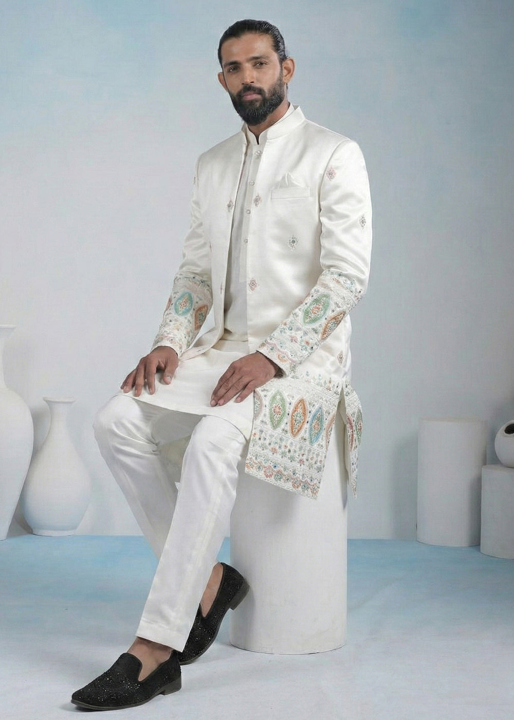 White Embroidered Indo-Western Set with Long Jacket