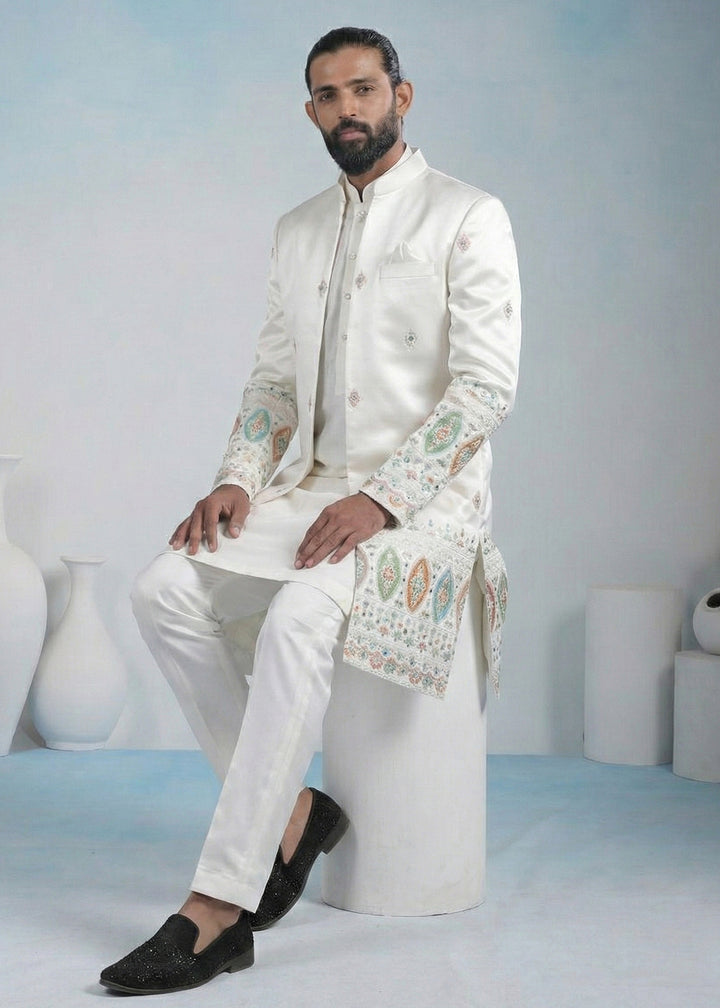White Embroidered Indo-Western Set with Long Jacket