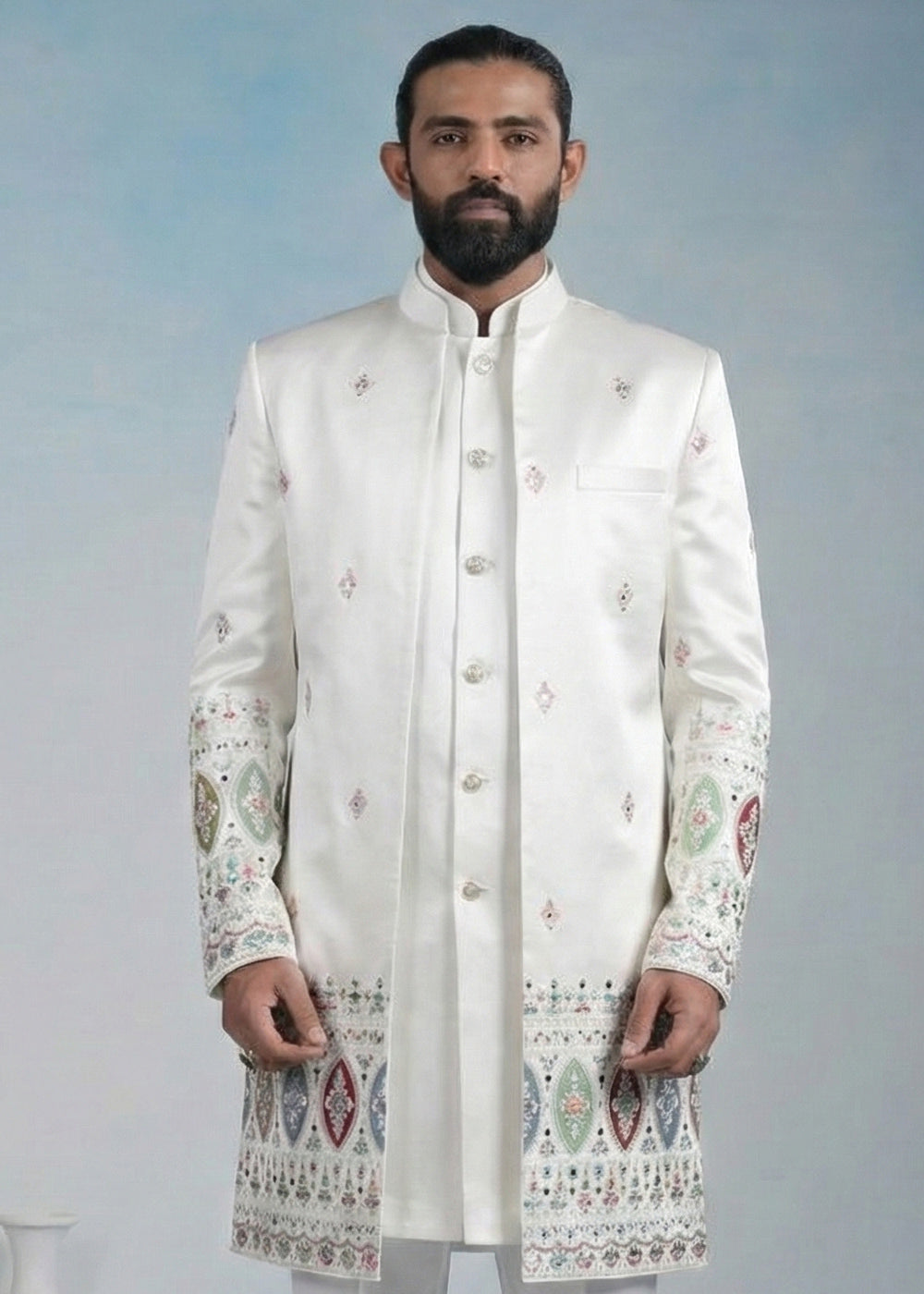 White Embroidered Indo-Western Set with Long Jacket