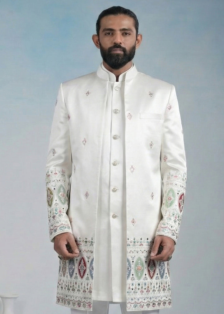 White Embroidered Indo-Western Set with Long Jacket