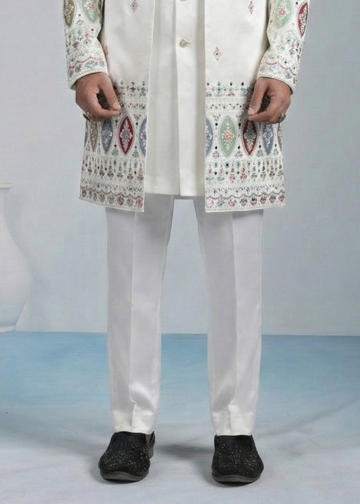 White Embroidered Indo-Western Set with Long Jacket