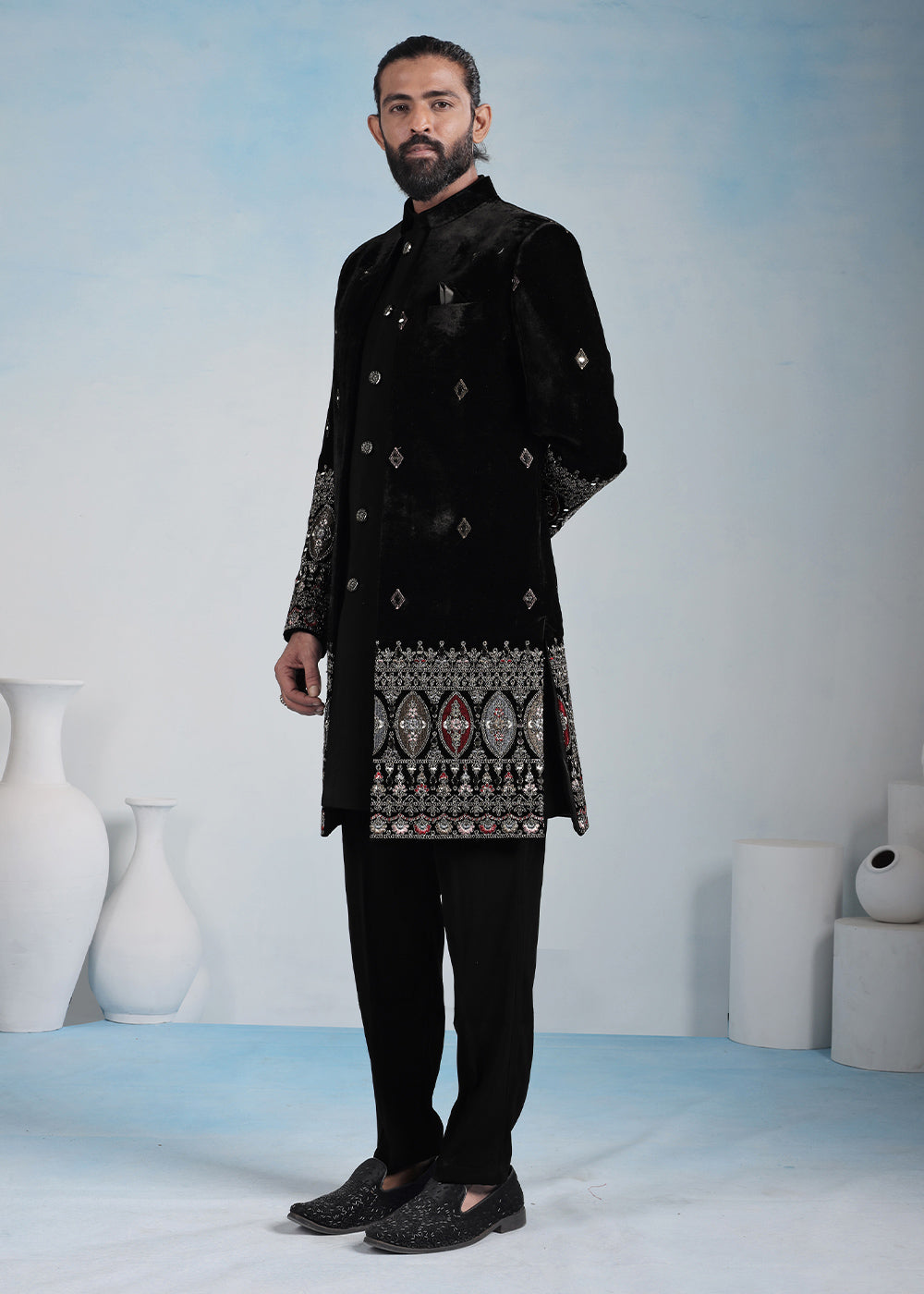 Black Velvet Ornate Embroidered Indo-Western Set