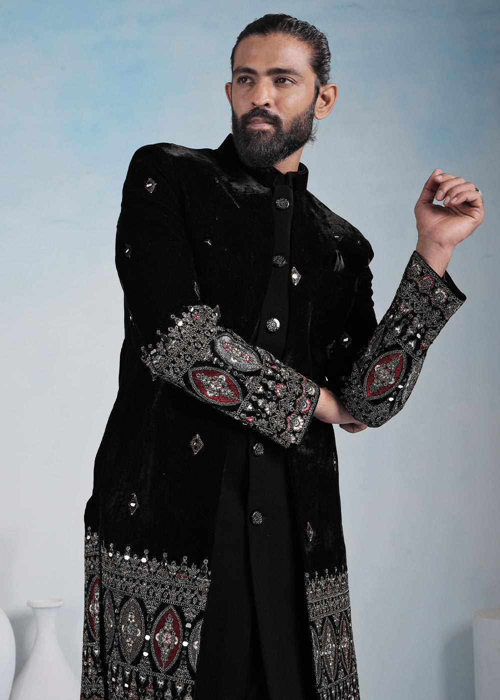 Black Velvet Ornate Embroidered Indo-Western Set