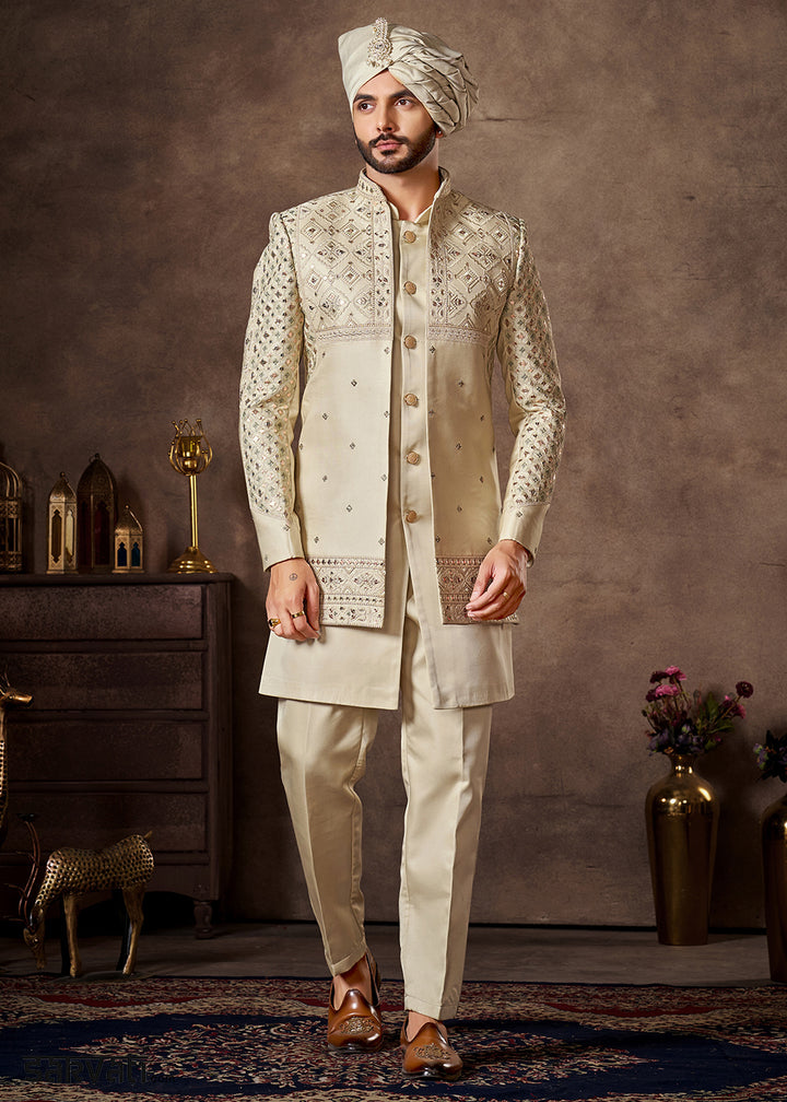 Cream Premium Silk Embroidered Indo-Western Set