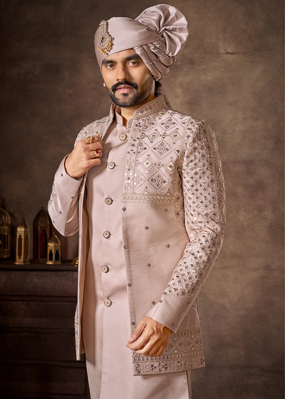 Light Pink Premium Silk Embroidered Indo-Western Set with Long Jacket