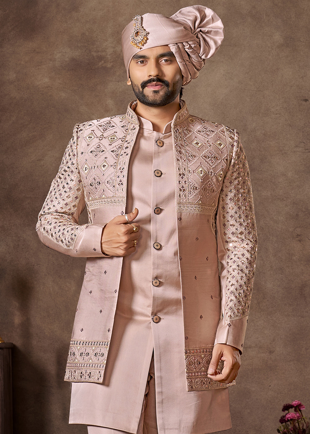 Light Pink Premium Silk Embroidered Indo-Western Set with Long Jacket