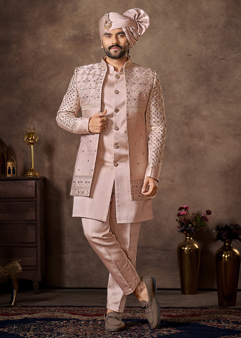 Light Pink Premium Silk Embroidered Indo-Western Set with Long Jacket